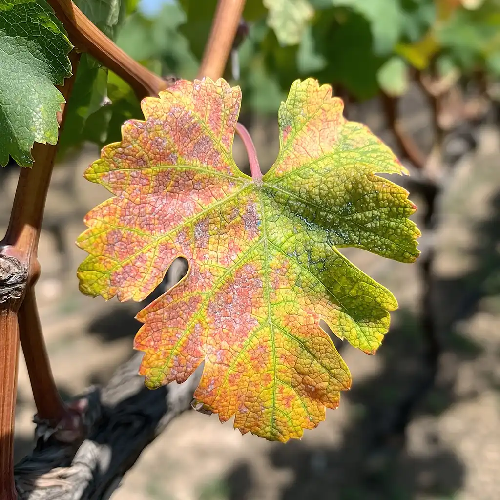 Une feuille de vigne atteinte par la flavescence dorée