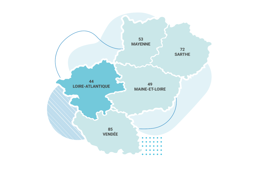 infographie carte des Pays de la Loire en nuances de bleu pour zones d'interventions de West Academy