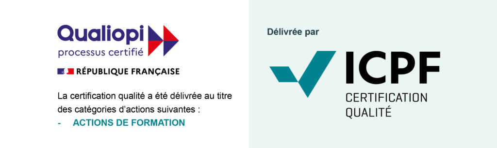 logo en couleur QUALIOPI actions de formation et logo ICPF pour certification WEST ACADEMY