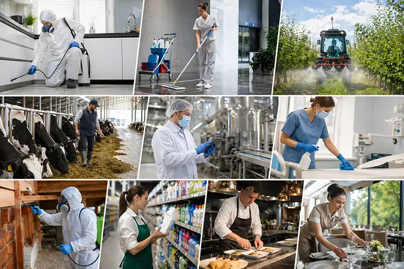 collage de plusieurs photos de différentes secteurs de travail touchés par l'obligation de formation Certibiocides