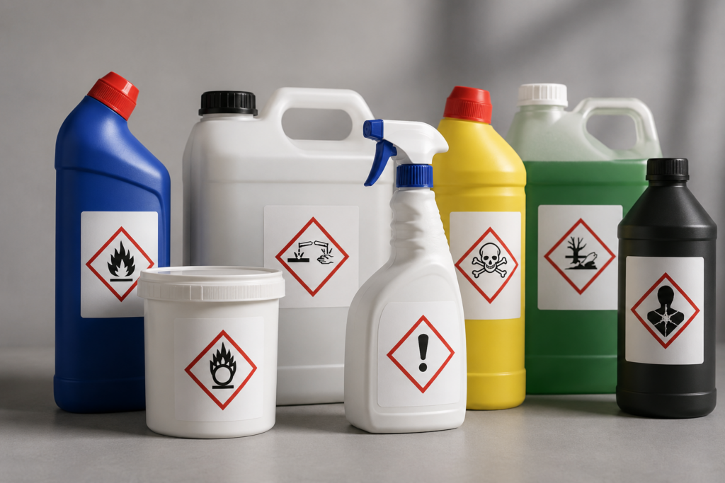 Plusieurs bidons et bouteilles de produits biocides avec des étiquette et icônes d'avertissement