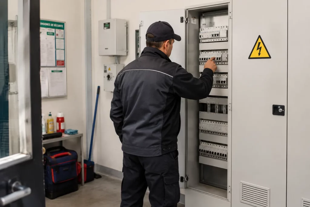 Gardien d'immeuble entrain d'appuyer sur disjoncteur dans une armoire électrique