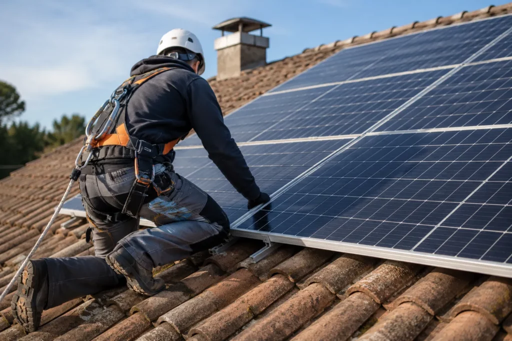 couvreur avec casque, epi et baudrier travaillant sur panneau photovoltaïques