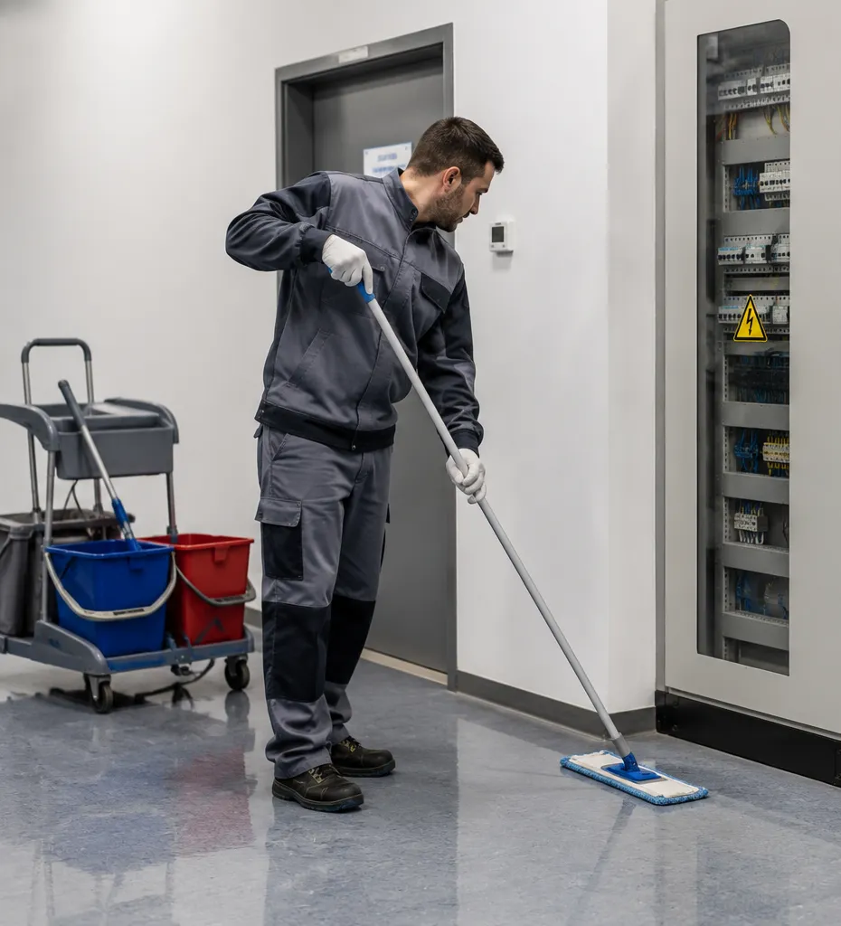 vu d'un agent de nettoyage entrain de travailler à coté d'une armoire électrique