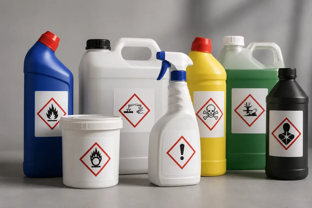 Plusieurs bidons et bouteilles de produits biocides avec des étiquette et icônes