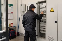 Gardien d'immeuble entrain d'appuyer sur disjoncteur dans une armoire électrique