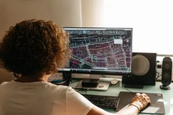 une femme vue de dos entrain de cartographier informatique une espace végétalisé